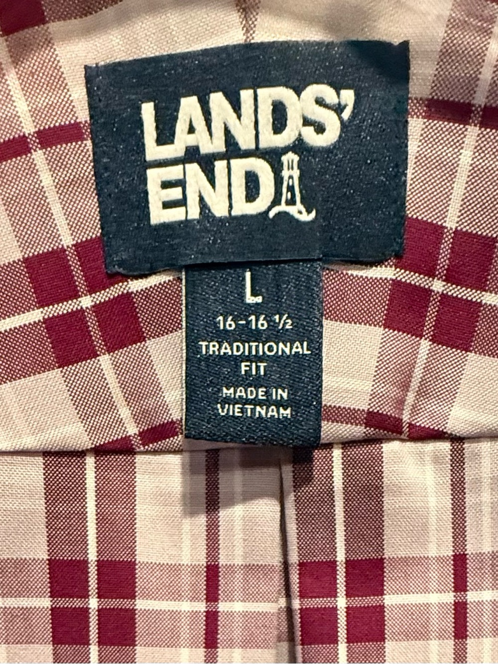 Lands' End Men's Traditional Fit Size Large Purple White Plaid Button-Down Shirt
